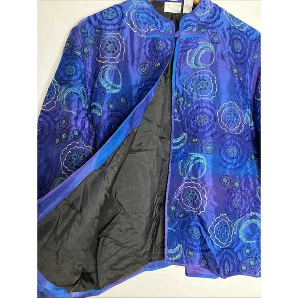 Chicos Silk Jacket Embroidered Indigo Blue Purple Women's Size 3 XL - Picture 5 of 10
